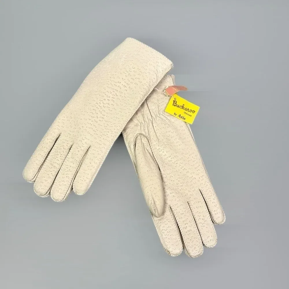 New Aris Ivory Gloves Buckaroo Perforated Leather Faux Fur Lining size M Vintage